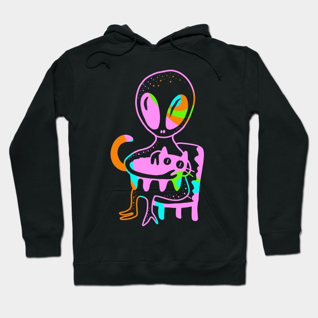 Alien sitting on a chair stroking a cat - trippy, psychodelic colors cute gift Hoodie by AnanasArt